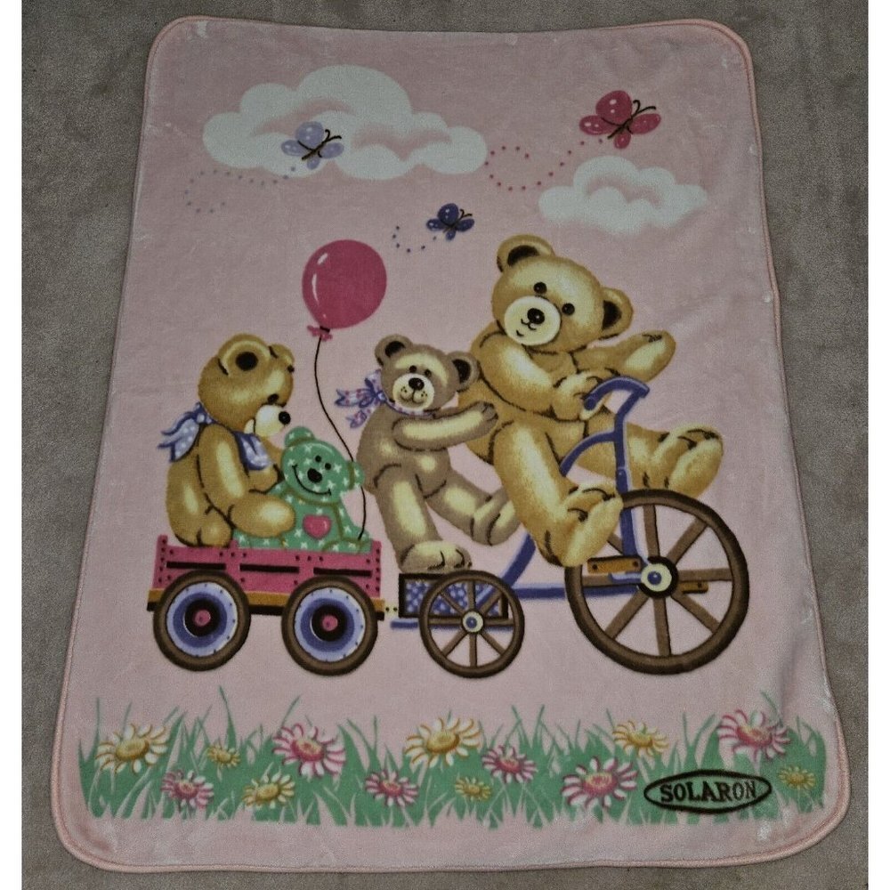 Solaron Pink Teddy Bear Blanket Bicycle Wagon Balloon Butterfly Flowers 42x55